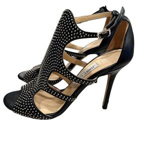 Jimmy‎ Choo Tida Studded Leather Sandal Black Silver Cutout Size EU 38.5 US 8